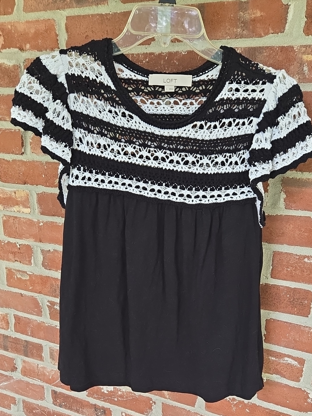 LOFT Black & White Crochet Yoke Short Sleeve Tee